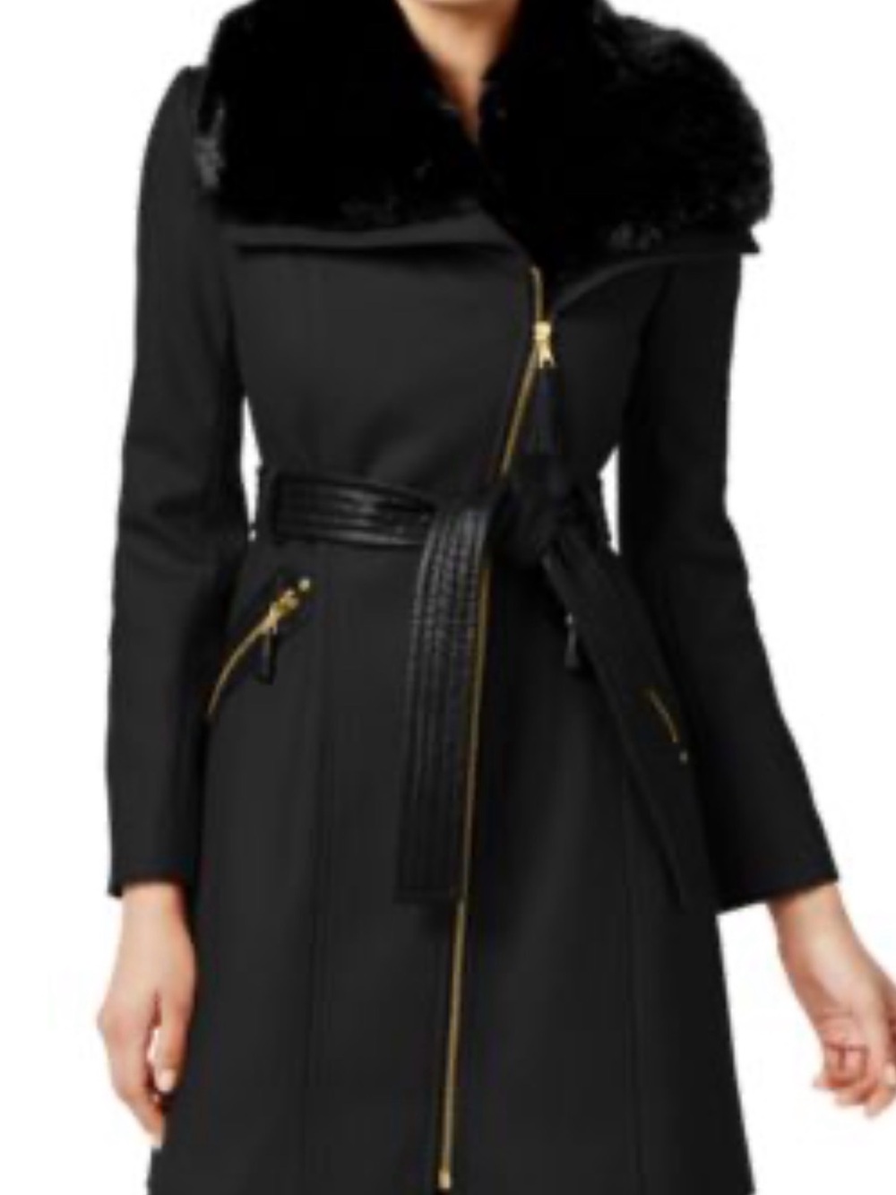 Via Spiga Black Trench Coat with Faux Fur Collar and Gold Zippers